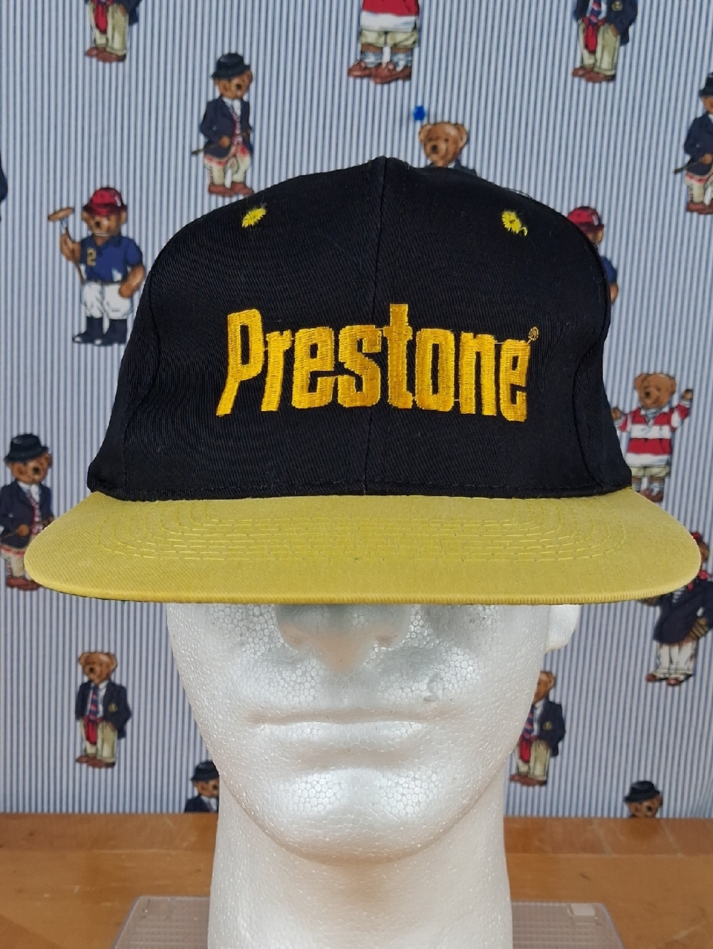 Vintage Prestone Stitched Spell Out Logo Black & Yellow Snaback Hat